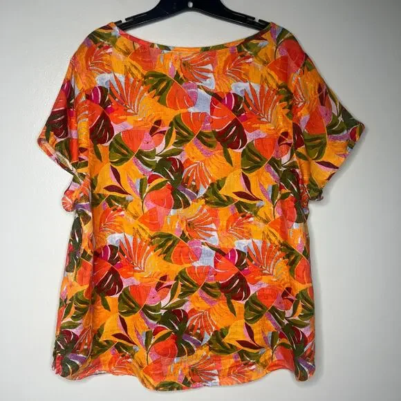 C&C California Leaf Print 100% Linen Tunic Size 1X Resort Beach Boho Relaxed - Picture 7 of 9